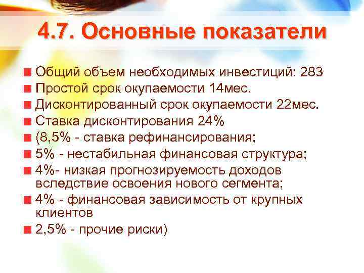 4. 7. Основные показатели Общий объем необходимых инвестиций: 283 Простой срок окупаемости 14 мес.