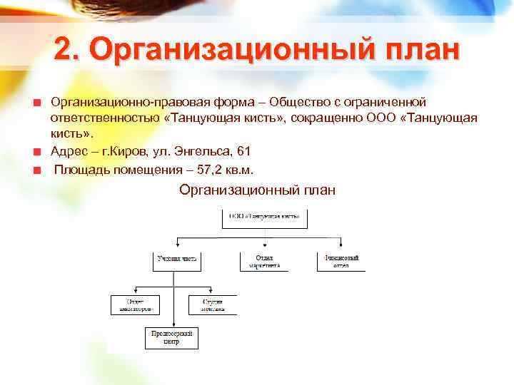 2. Организационный план Организационно правовая форма – Общество с ограниченной ответственностью «Танцующая кисть» ,