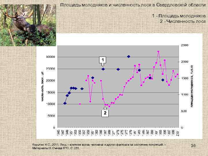 Площадь молодняков и численность лося в Свердловской области 1 - Площадь молодняков 2 -