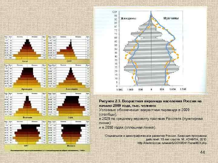 Рисунок 2. 3. Возрастная пирамида населения России на начало 2009 года, тыс. человек Условные