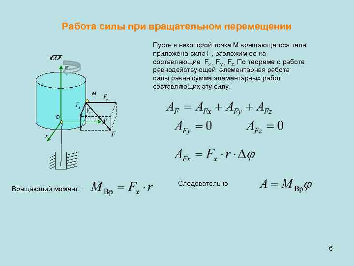 Работа силы при вращательном перемещении Пусть в некоторой точке М вращающегося тела приложена сила