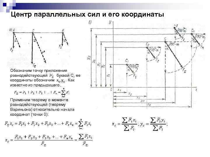 Центр параллельных сил. Центр параллельных сил теоретическая механика. Радиус вектор центра параллельных сил. Теорема о центре системы параллельных сил. Центр тяжести параллельных сил.