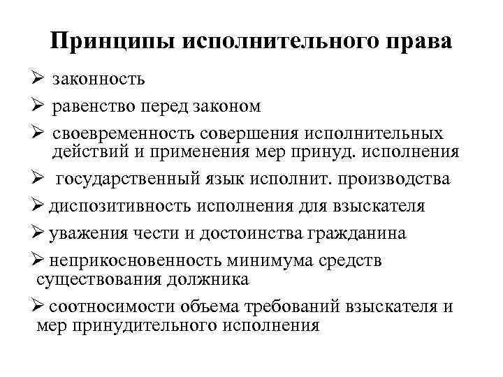 Принципы исполнительного права Ø законность Ø равенство перед законом Ø своевременность совершения исполнительных действий