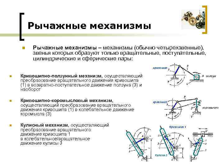 Рычажные механизмы n Рычажные механизмы – механизмы (обычно четырехзвенные), звенья которых образуют только вращательные,