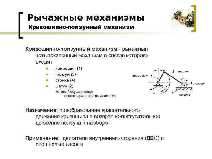 Рычажные механизмы Кривошипно-ползунный механизм - рычажный четырехзвенный механизм в состав которого входят n n