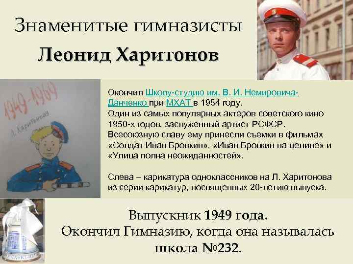 Знаменитые гимназисты Леонид Харитонов Окончил Школу-студию им. В. И. Немировича. Данченко при МХАТ в