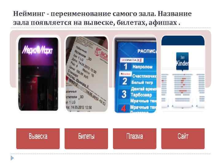 Нейминг - переименование самого зала. Название зала появляется на вывеске, билетах, афишах. 