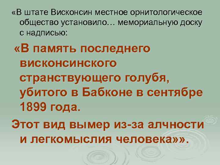  «В штате Висконсин местное орнитологическое общество установило… мемориальную доску с надписью: «В память