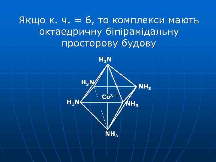 Якщо к. ч. = 6, то комплекси мають октаедричну біпірамідальну просторову будову H 3