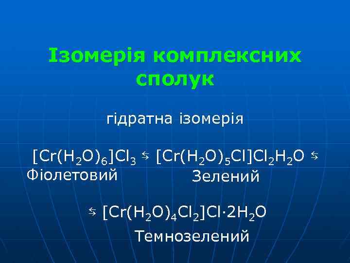 Ізомерія комплексних сполук гідратна ізомерія [Cr(H 2 O)6]Cl 3 ⇆ [Cr(H 2 O)5 Cl]Cl