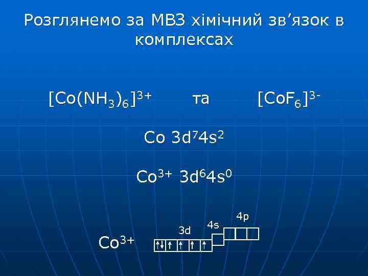 Розглянемо за МВЗ хімічний зв’язок в комплексах [Co(NH 3)6]3+ та [Co. F 6]3 -