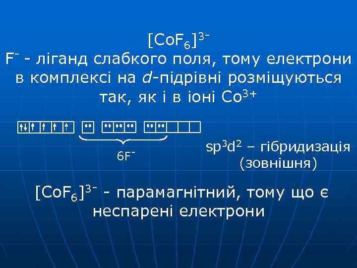 [Co. F 6]3 F- - ліганд слабкого поля, тому електрони в комплексі на d-підрівні