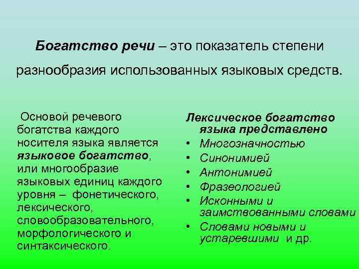 Богатство речи – это показатель степени разнообразия использованных языковых средств. Основой речевого богатства каждого
