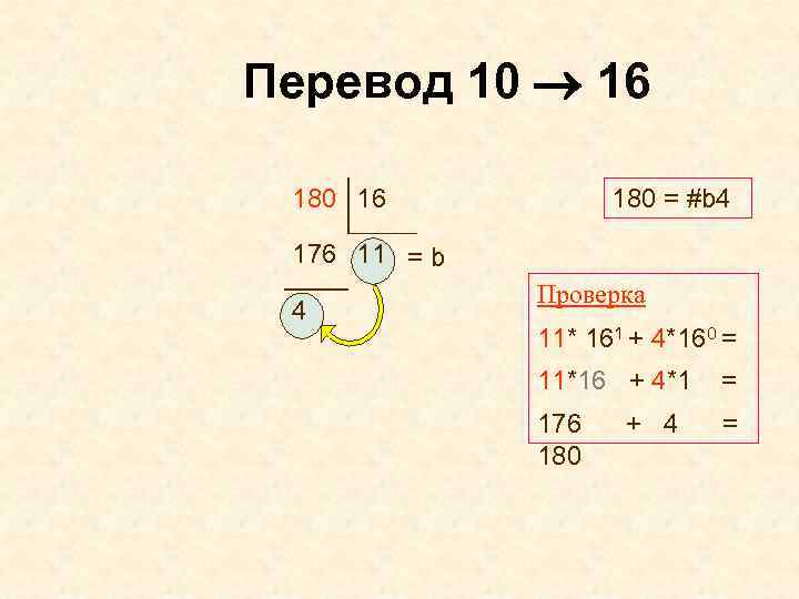 Перевод 10 16 180 16 180 = #b 4 176 11 = b Проверка