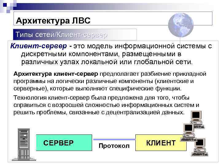 Архитектура ЛВС Типы сетей/Клиент-сервер это модель информационной системы с дискретными компонентами, размещенными в различных