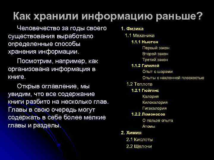  Как хранили информацию раньше? Человечество за годы своего 1. Физика существования выработало 
