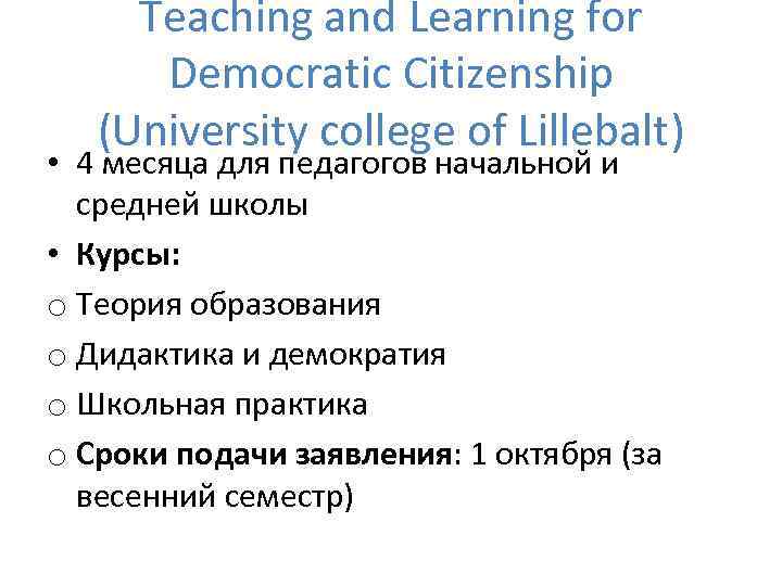 Teaching and Learning for Democratic Citizenship (University college of Lillebalt) • 4 месяца для