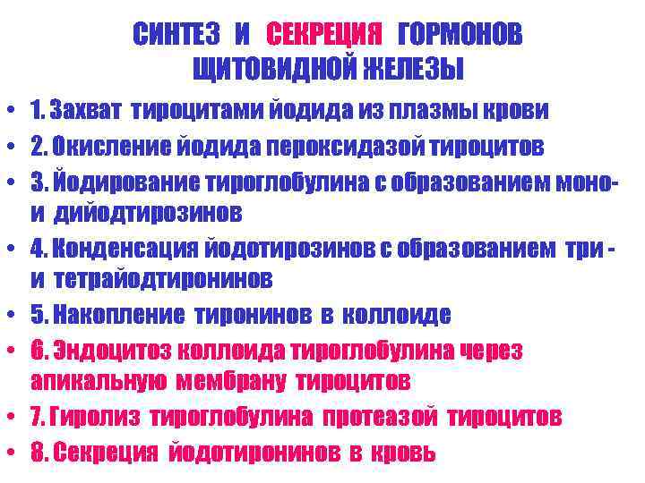    СИНТЕЗ И СЕКРЕЦИЯ ГОРМОНОВ    ЩИТОВИДНОЙ ЖЕЛЕЗЫ • 1.