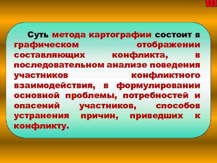 33 Суть метода картографии состоит в графическом отображении составляющих конфликта, в последовательном анализе поведения