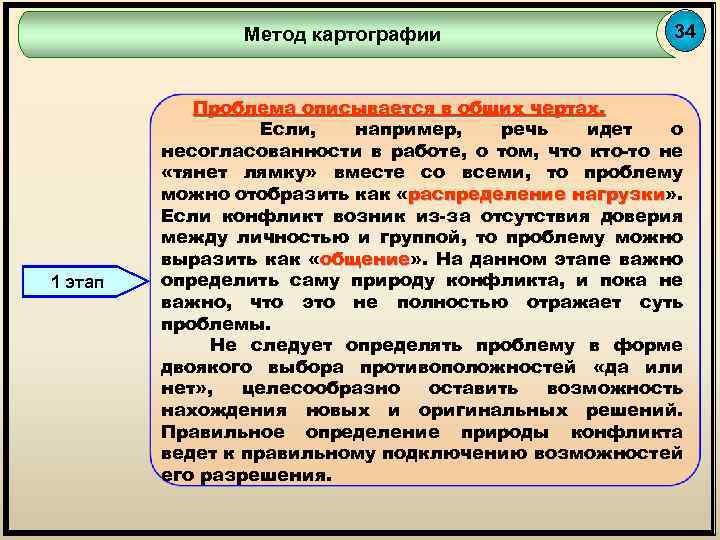 Метод картографии 1 этап 34 Проблема описывается в общих чертах. Если, например, речь идет