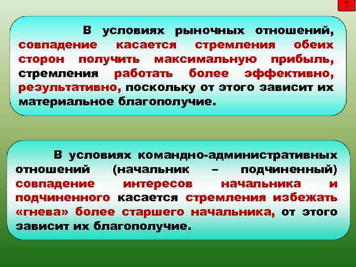 7 В условиях рыночных отношений, совпадение касается стремления обеих сторон получить максимальную прибыль, стремления