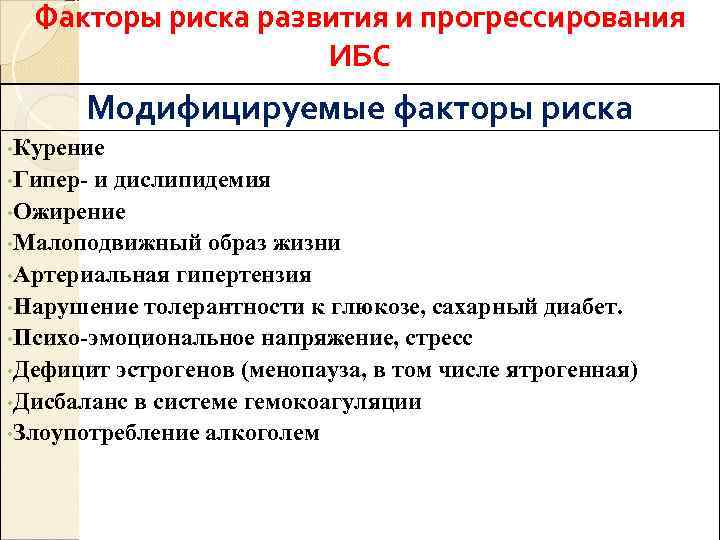  Факторы риска развития и прогрессирования     ИБС  Модифицируемые факторы