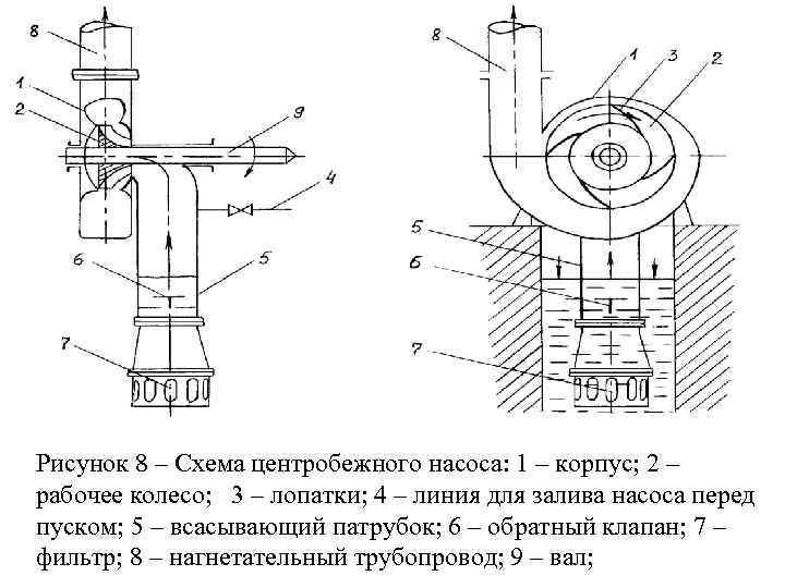 Рисунок 8 – Схема центробежного насоса: 1 – корпус; 2 – рабочее колесо; 3