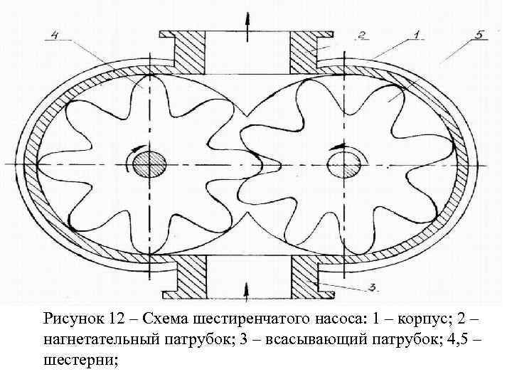Рисунок 12 – Схема шестиренчатого насоса: 1 – корпус; 2 – нагнетательный патрубок; 3