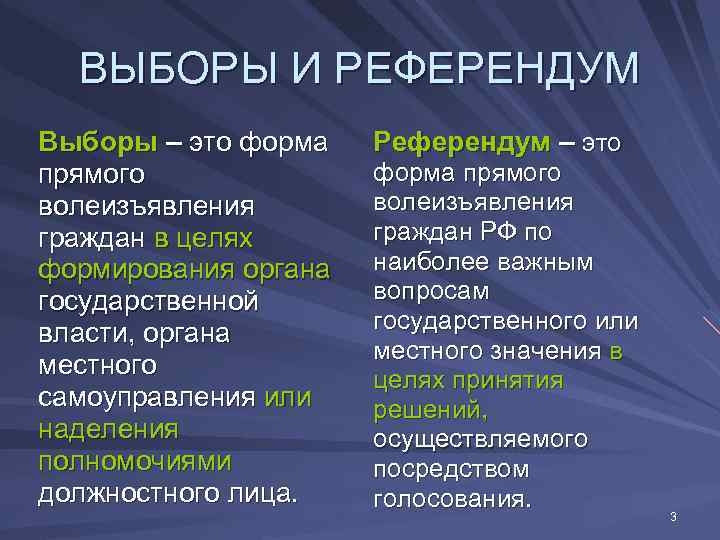  ВЫБОРЫ И РЕФЕРЕНДУМ Выборы – это форма  Референдум – это прямого 