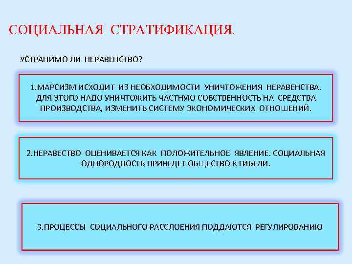 СОЦИАЛЬНАЯ СТРАТИФИКАЦИЯ.  УСТРАНИМО ЛИ НЕРАВЕНСТВО?  1. МАРСИЗМ ИСХОДИТ ИЗ НЕОБХОДИМОСТИ УНИЧТОЖЕНИЯ НЕРАВЕНСТВА.