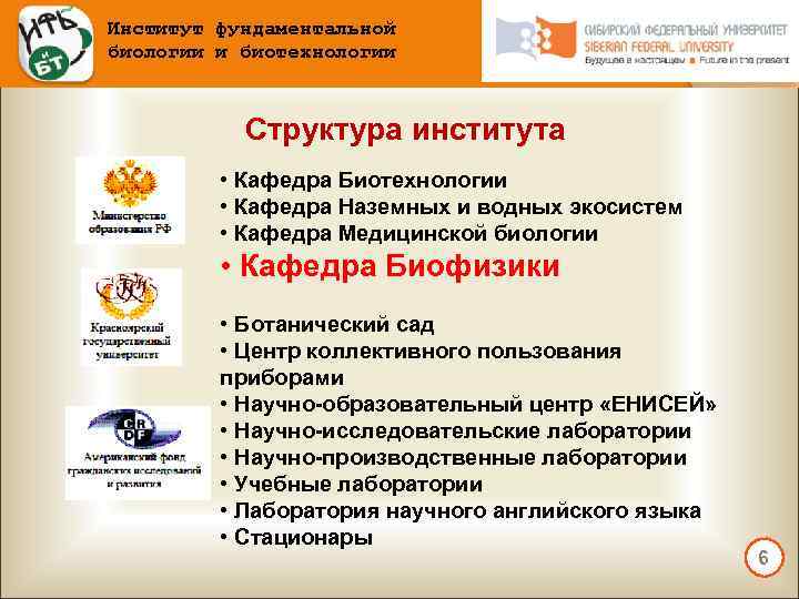 Институт фундаментальной биологии и биотехнологии Структура института • Кафедра Биотехнологии • Кафедра Наземных и