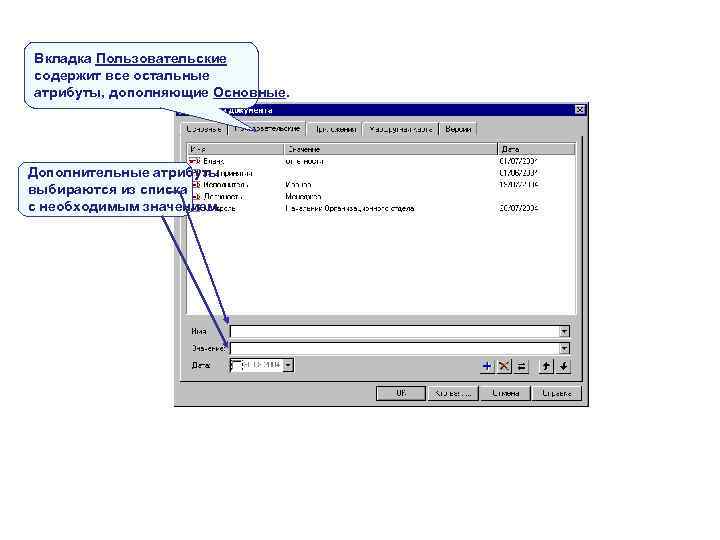 Вкладка Пользовательские содержит все остальные атрибуты, дополняющие Основные. Дополнительные атрибуты выбираются из списка Вкладка Пользовательские содержит все остальные атрибуты, дополняющие Основные. Дополнительные атрибуты выбираются из списка