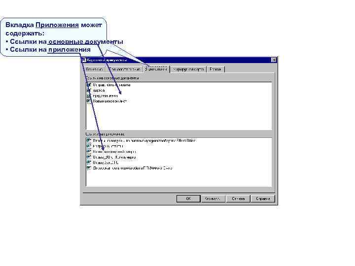 Вкладка Приложения может содержать: • Ссылки на основные документы • Ссылки на приложения Вкладка Приложения может содержать: • Ссылки на основные документы • Ссылки на приложения