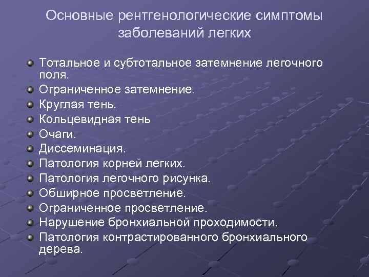 Основные рентгенологические симптомы заболеваний легких Тотальное и субтотальное затемнение легочного поля. Ограниченное затемнение. Круглая
