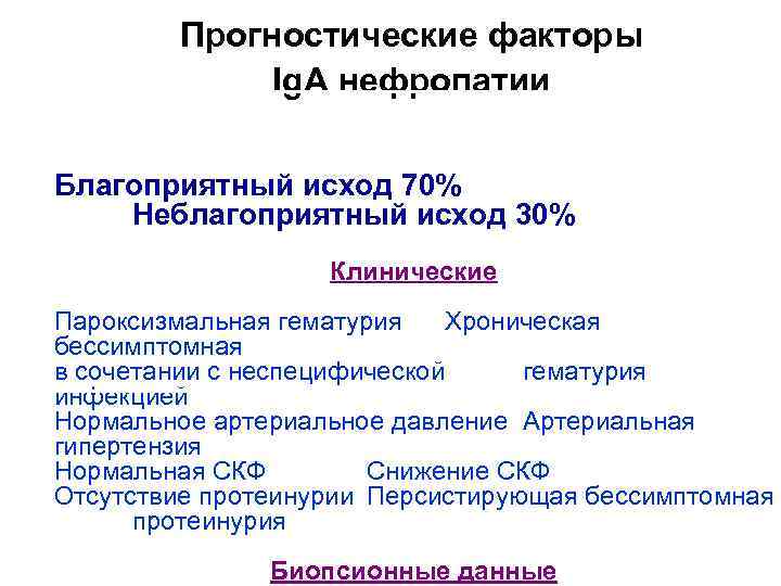   Прогностические факторы   Ig. A нефропатии Благоприятный исход 70% Неблагоприятный исход