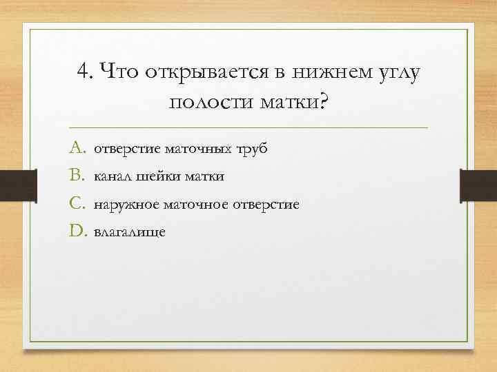 4. Что открывается в нижнем углу   полости матки? A. отверстие маточных труб