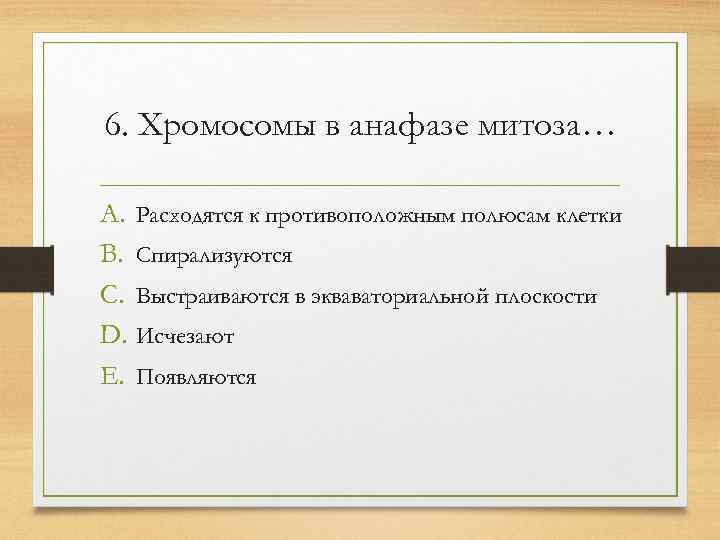 6. Хромосомы в анафазе митоза… A. Расходятся к противоположным полюсам клетки B. Спирализуются C.