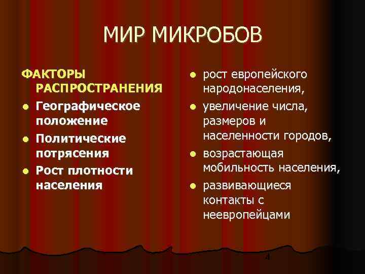    МИР МИКРОБОВ ФАКТОРЫ    рост европейского  РАСПРОСТРАНЕНИЯ народонаселения,