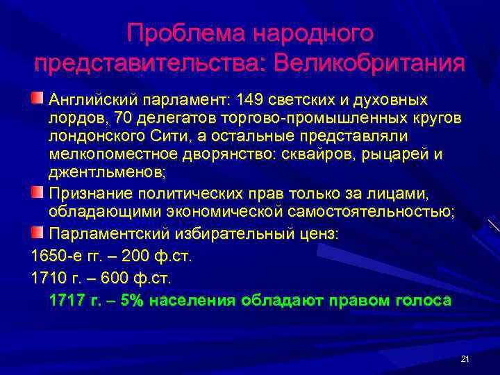   Проблема народного представительства: Великобритания  Английский парламент: 149 светских и духовных 