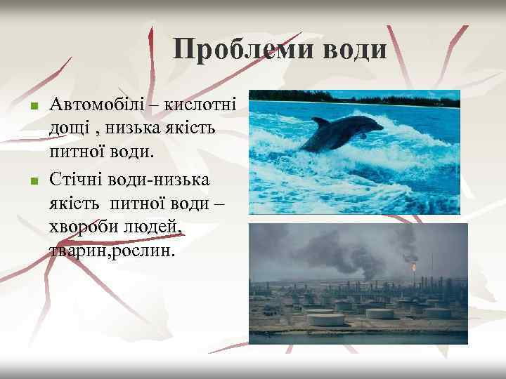 Проблеми води n n Автомобілі – кислотні дощі , низька якість питної води. Стічні