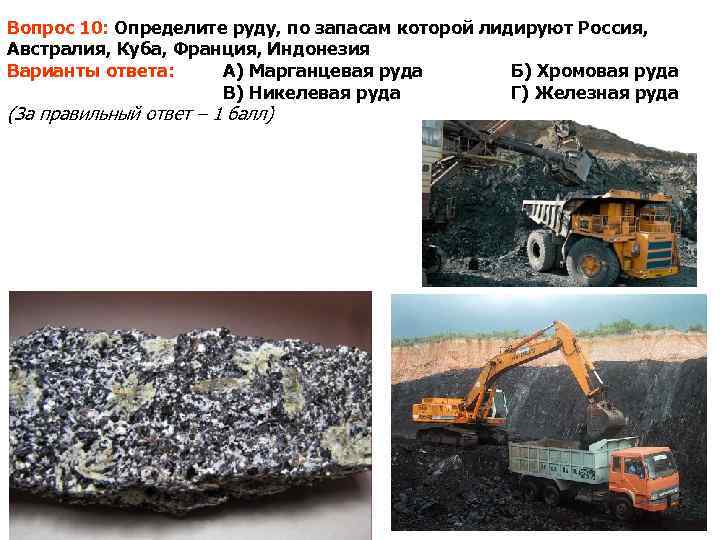 Вопрос 10: Определите руду, по запасам которой лидируют Россия, Австралия, Куба, Франция, Индонезия Варианты