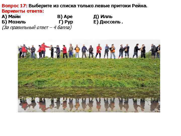 Вопрос 17: Выберите из списка только левые притоки Рейна. Варианты ответа: А) Майн 
