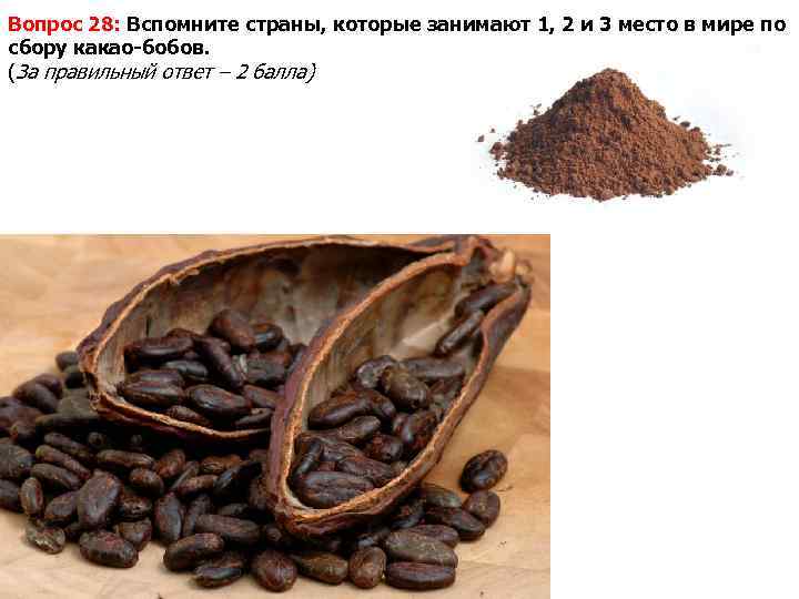 Вопрос 28: Вспомните страны, которые занимают 1, 2 и 3 место в мире по