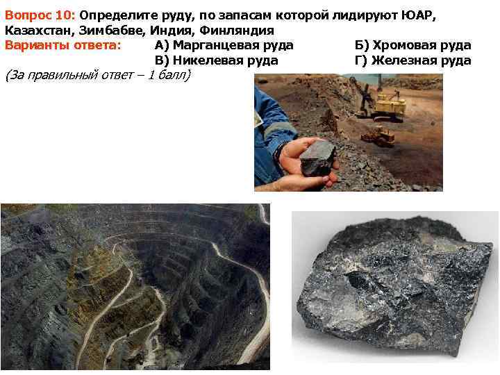 Вопрос 10: Определите руду, по запасам которой лидируют ЮАР, Казахстан, Зимбабве, Индия, Финляндия Варианты