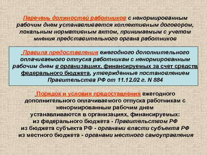   Перечень должностей работников с ненормированным рабочим днем устанавливается коллективным договором,  локальным