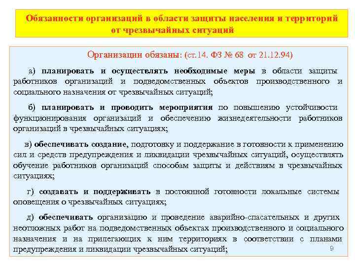  Обязанности организаций в области защиты населения и территорий    от чрезвычайных