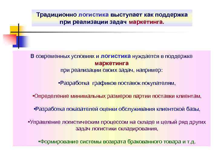 Традиционно логистика выступает как поддержка при реализации задач маркетинга. В современных условиях и логистика