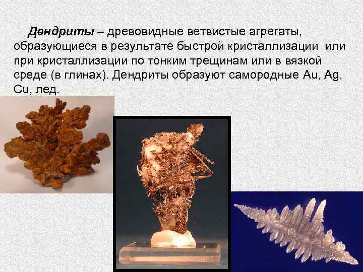 Дендриты – древовидные ветвистые агрегаты, образующиеся в результате быстрой кристаллизации или при кристаллизации по
