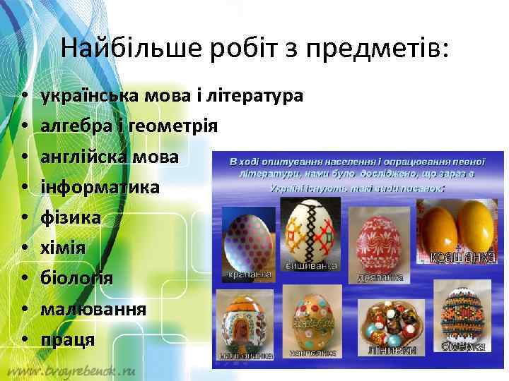 Найбільше робіт з предметів: • • • українська мова і література алгебра і геометрія