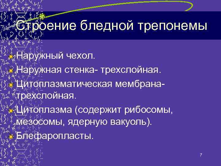 Строение бледной трепонемы Наружный чехол. Наружная стенка- трехслойная. Цитоплазматическая мембранатрехслойная. Цитоплазма (содержит рибосомы, мезосомы,